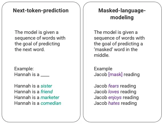 以下是作者创建的下一个令牌预测和掩码语言建模的任意示例