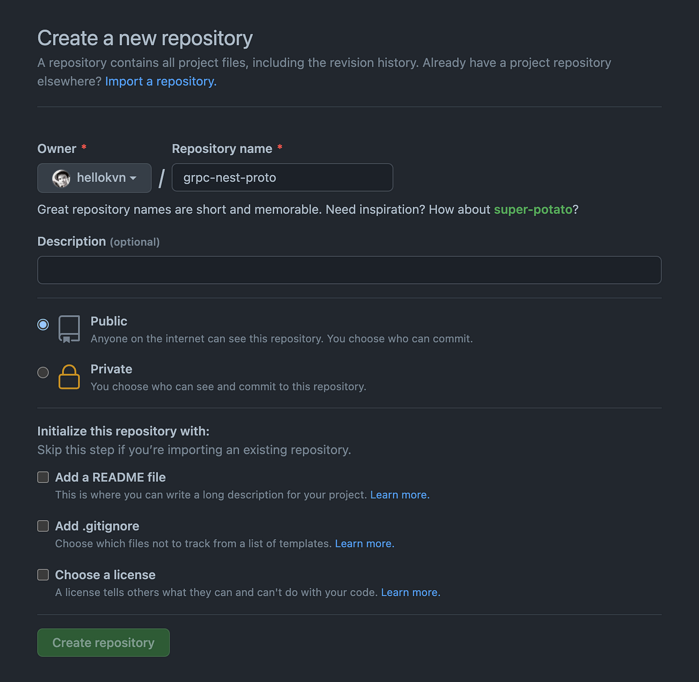 Create repository on Github